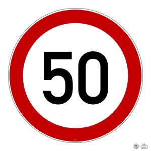 C,14 Limitation de vitesse. Ce panneau notifie l’interdiction de dépasser la vitesse indiquée_Plan de travail 1